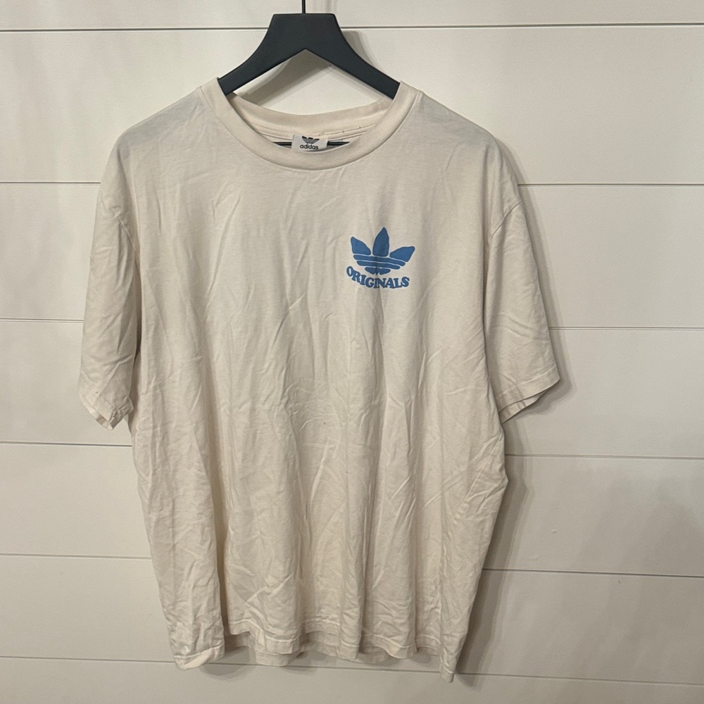 Adidas Men's Short Sleeve Cream Tee with Blue Logo